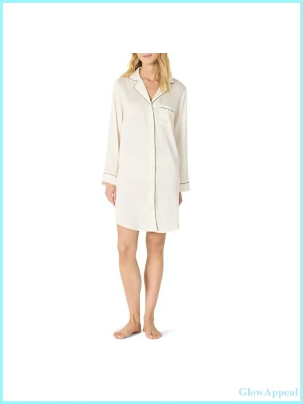Womens Lightweight Satin Button-Down Nightshirt Sleepwear Long Sleeve Lounge